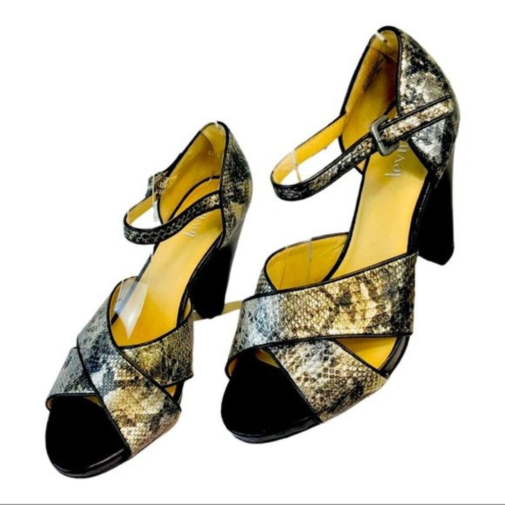 Levity Jaguar Chunky Heel Leather Sandals Metallic Pewter Women’s Silver Black 8